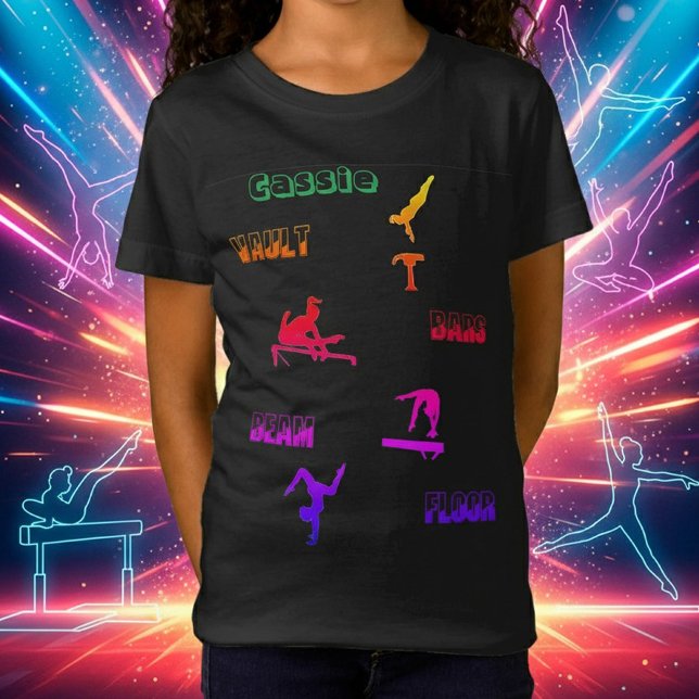 T-shirt gymnastique - coffre-fort, bars, poutre, p (Personalized Gymnastics Rainbow T-Shirt - Custom Name & Event Design!)