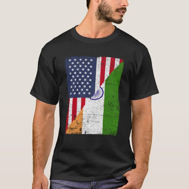 T-shirt Half USA Flag Half India Flag American Indian (Devant)