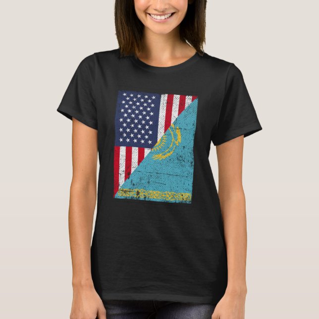T-shirt Half USA Flag Half Kazakhstan Flag American Kasach (Devant)