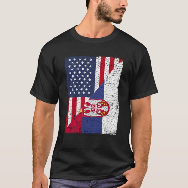 T-shirt Half USA Flag Half Serbia Flag American Serbian (Devant)