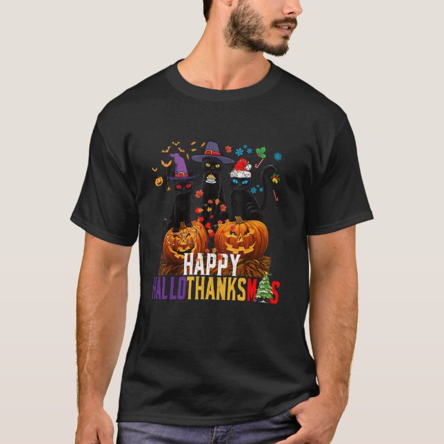 T-shirt Hallothanksmas Chat Noir Halloween Thanksgiving Ch (Devant)