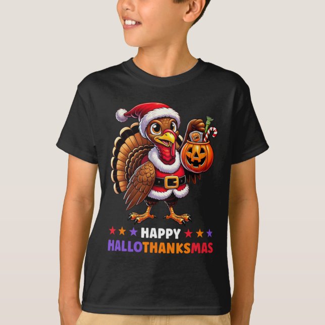 T-shirt Hallothanksmas Halloween Thanksgiving Noël F (Devant)