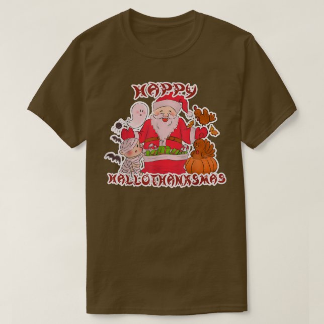 T-shirt Hallothanksmas heureux 3en1 Halloween Thanksgiving (Design devant)