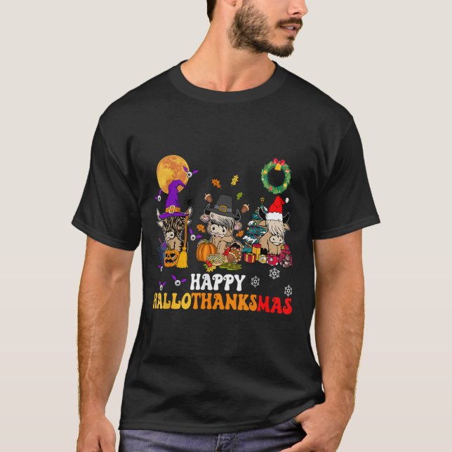 T-shirt Hallothanksmas Highland Cow Halloween Christmas Th (Devant)