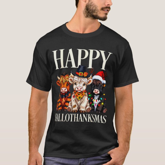T-shirt Hallothanksmas Highland Cow Halloween Thanksgiving (Devant)