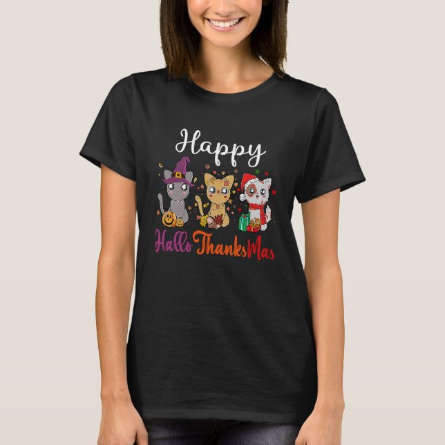 T-shirt Hallothanksmas joyeux Chat mignon Halloween Thanks (Devant)
