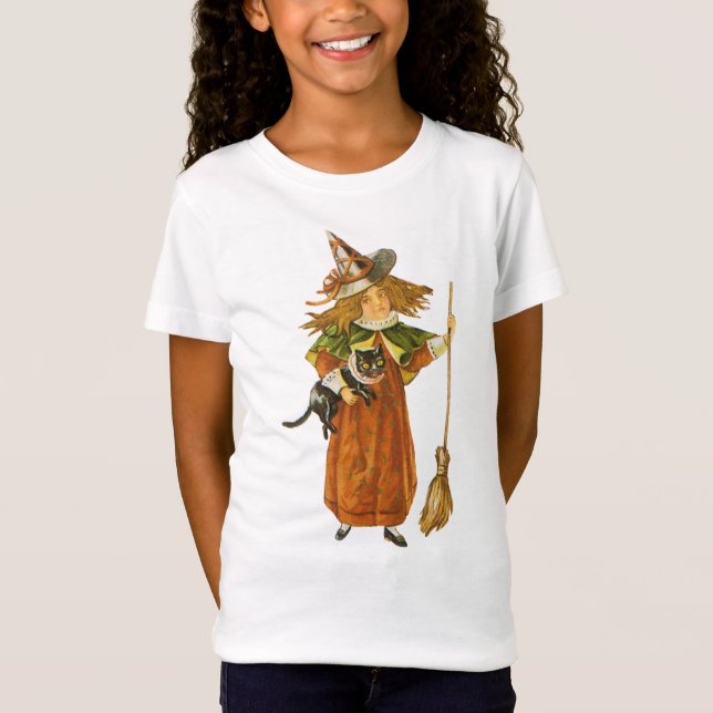 T-Shirt Halloween à l'ancienne, sorcière fille avec chat n (Devant)