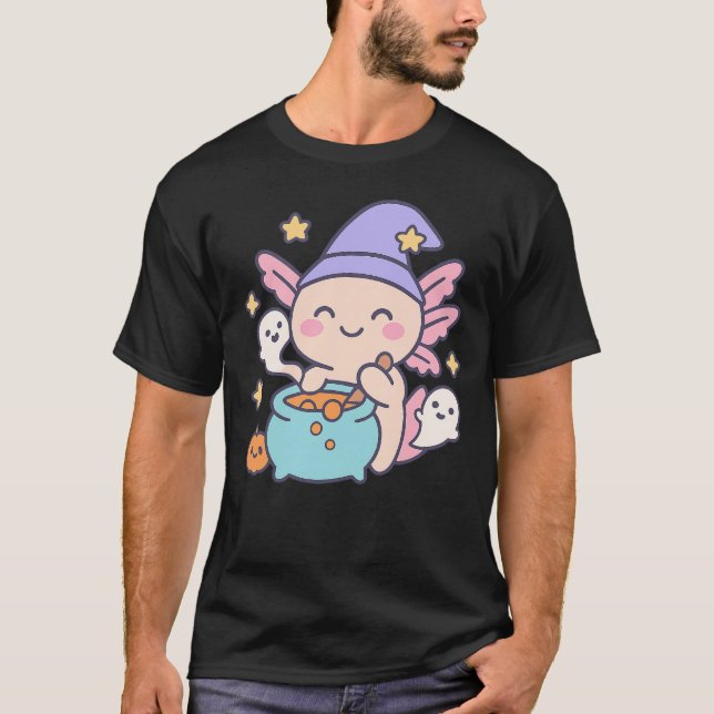 T-shirt Halloween Axolotl Pumpkin Cute Kawaii Ghost Kids (Devant)