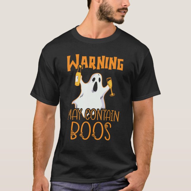T-shirt Halloween Beer Booze   Ghost Warning May Contain B (Devant)