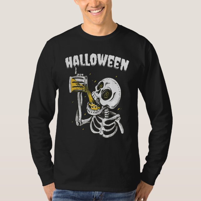 T-shirt Halloween Beer Drinking Skeleton (Devant)