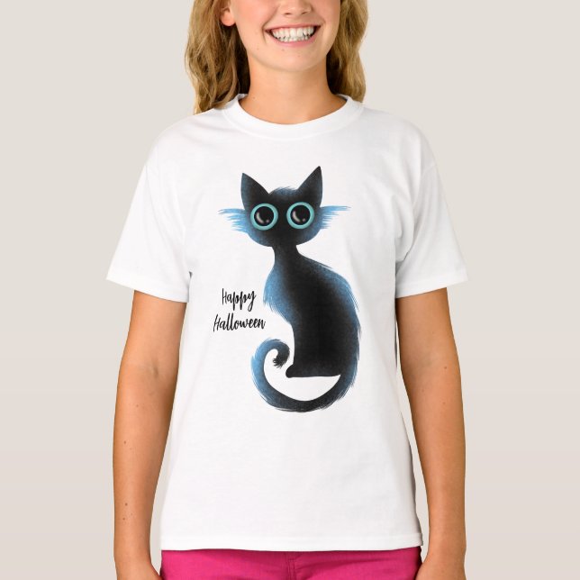 T-shirt Halloween Big Eyes Black Blue Evil Chat (Devant)