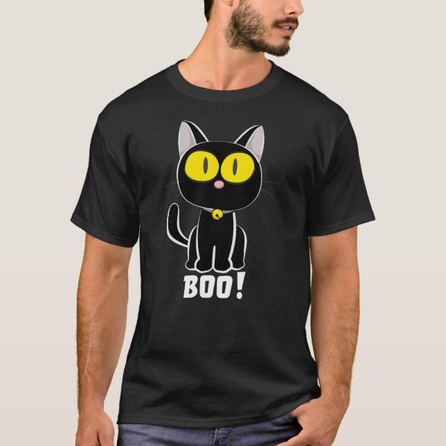 T-shirt Halloween Black Cat Boo Yellow Eyes (Devant)