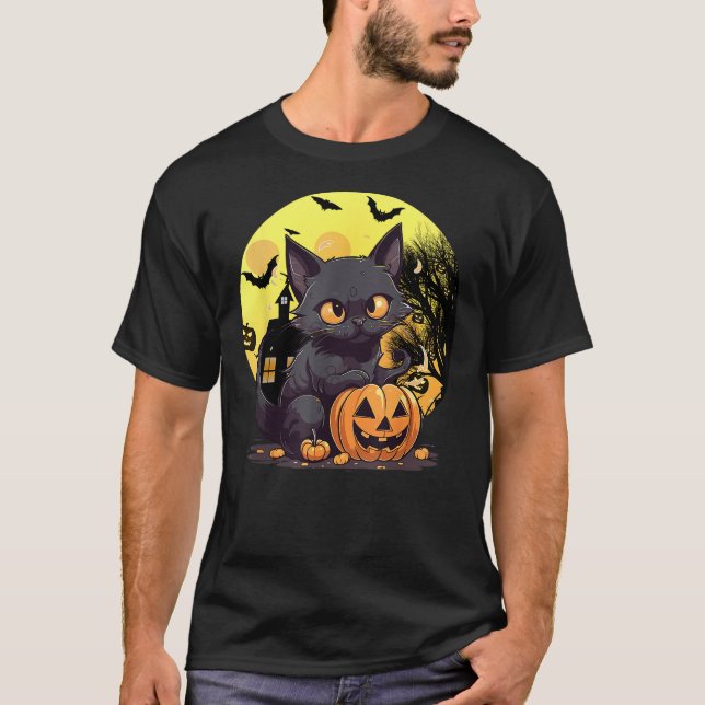 T-shirt Halloween Black Cat Haunted Mansion Happy Hallowee (Devant)