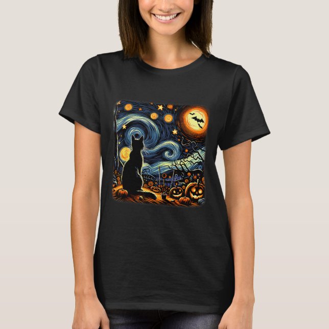 T-shirt Halloween Black Cat Van Gogh Starry Night Cat Love (Devant)