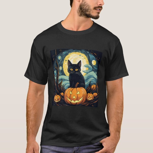 T-shirt Halloween Black Cat Van Gogh Witch Starry Night Ar (Devant)
