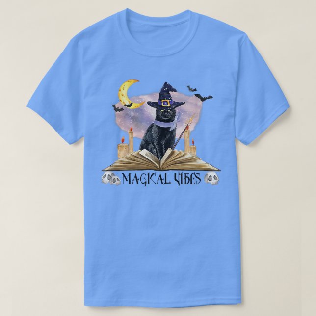 T-shirt Halloween Black Cat Witch Hat & Moon Magical Vibes (Design devant)