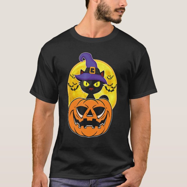 T-shirt Halloween Black Cat Witch Hat Pumpkin For Kids Gir (Devant)