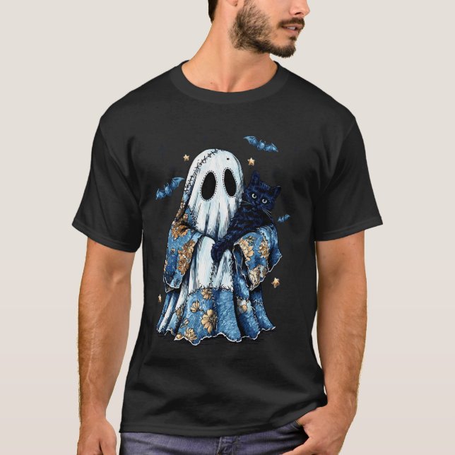 T-shirt Halloween Bleu Denim Fantôme Chat Noir Patchwork G (Devant)