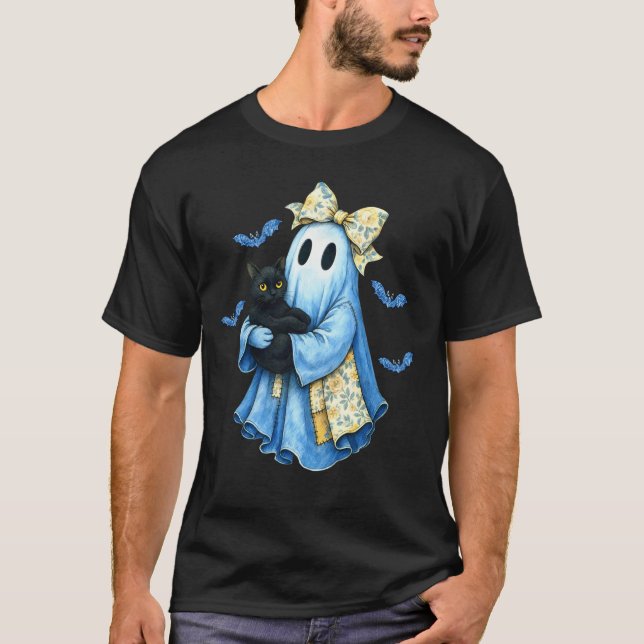 T-shirt Halloween Bleu Denim Fantôme Patchwork Fantôme Noi (Devant)