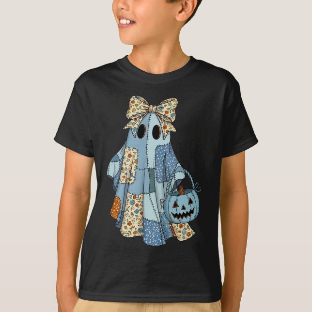 T-shirt Halloween Blue Denim Ghost Trendy Denim Patchwork (Devant)