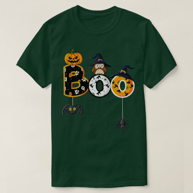 T-shirt Halloween Boo Owl Avec Sorcière Casquette Araignée (Design devant)