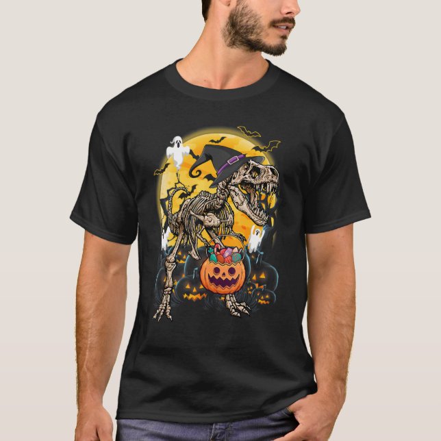 T-shirt Halloween Boys Dinosaur Skeleton rex Citrouille d' (Devant)