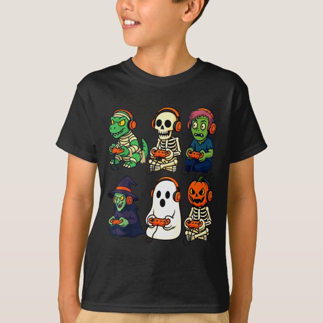 T-shirt Halloween Boys Kids Gamer Dinosaur Skeleton Ghost  (Devant)
