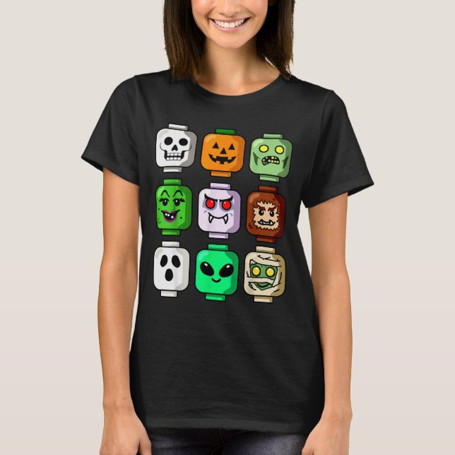 T-shirt Halloween Building Brick Head Pumpkin Ghost Zombie (Devant)