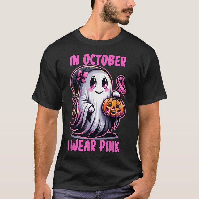 T-shirt Halloween Cancer Du Sein Ruban En Octobre Je Porte (Devant)