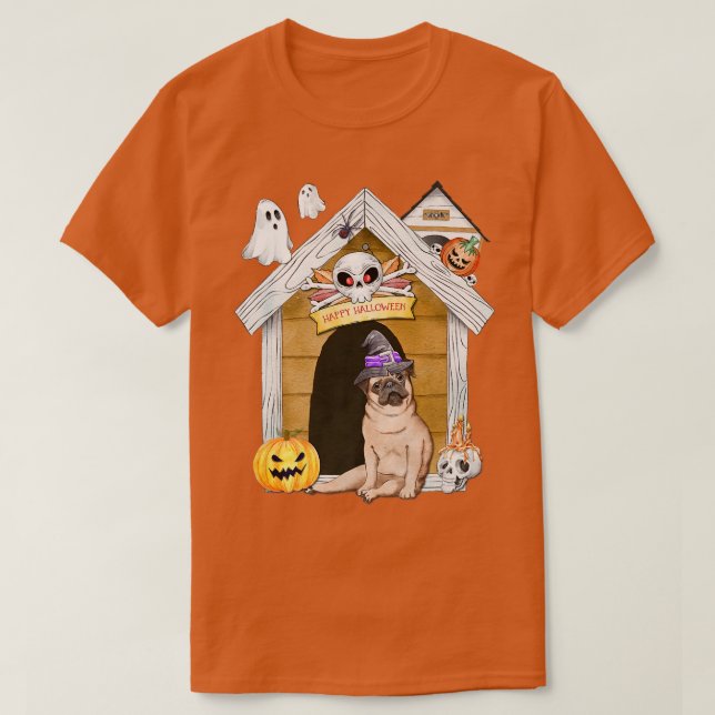 T-shirt Halloween Carlin Chien sorcière Maison hantée (Design devant)