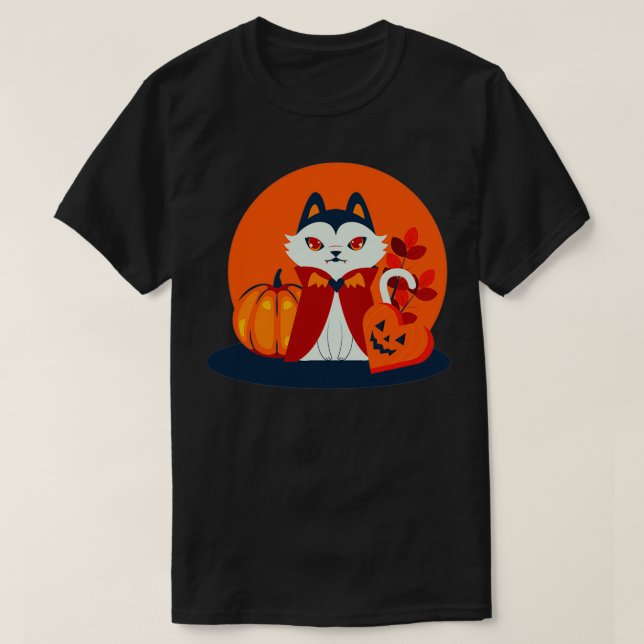 T-shirt Halloween cat head dressed as a pumpkin 2 (Design devant)