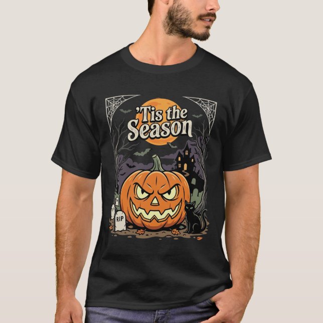 T-shirt Halloween C'est la Saison Design de Chat Citrouill (Devant)