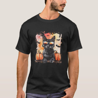 T-shirt Halloween Chat Bats Noir Citrouille Tricoter Ou Tr