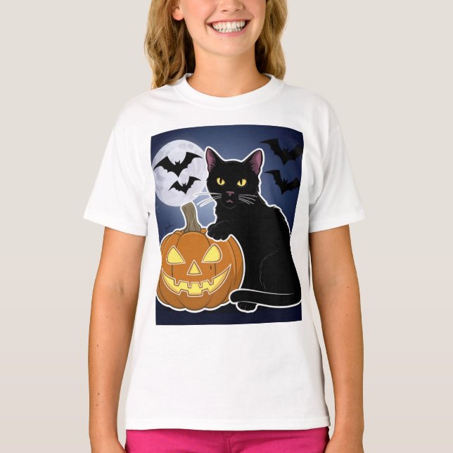 T-shirt halloween chat noir avec citrouille (Devant)