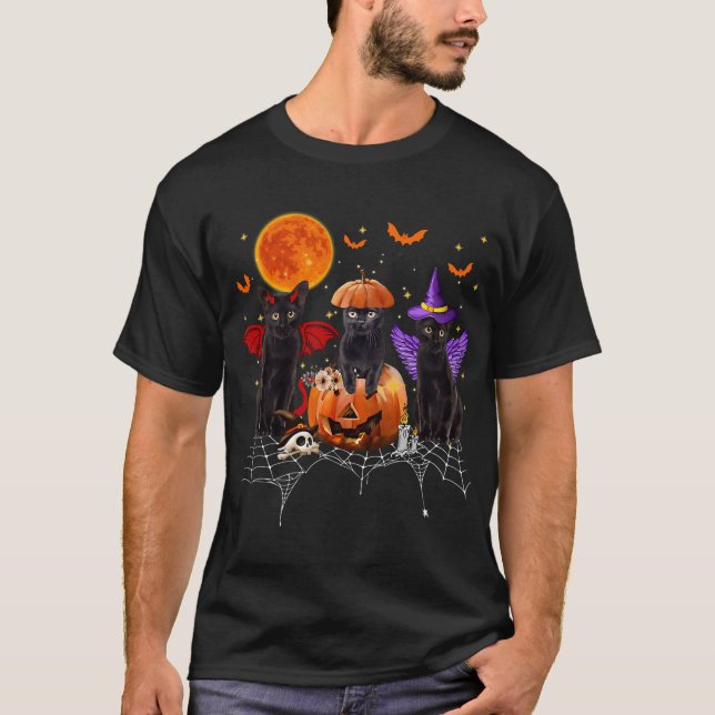 T-shirt Halloween Chat Noir, Chat Noir Assis Sur Citrouill (Devant)
