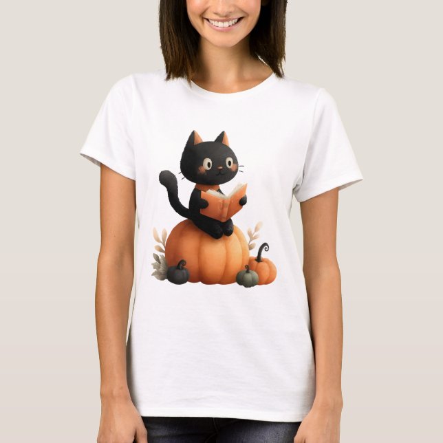 T-shirt Halloween Chat noir Citrouille conception (Devant)