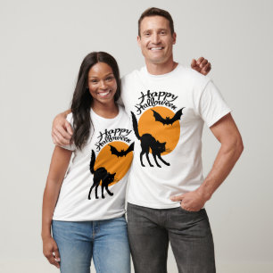 T-shirt Halloween chat noir et chauve-souris avec lune, ha