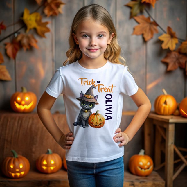T-shirt Halloween chat noir Jack-o'-lantern tour ou réglez (Halloween cute black cat jack o lantern trick or treat personalized name T-Shirt gifts for kids)