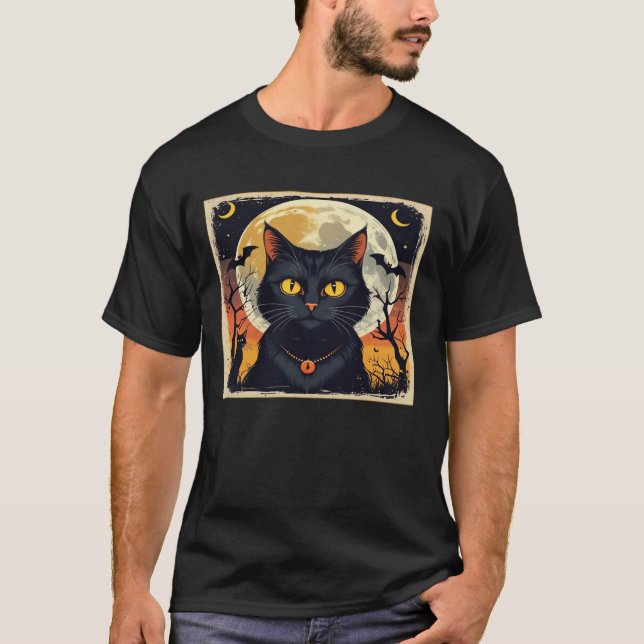 T-Shirt Halloween Chat Noir Rétro Classique  (Devant)