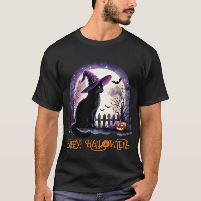 T-shirt Halloween Chat Noir sorcière et chauves-souris (Devant)