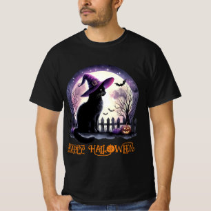 T-shirt Halloween Chat Noir sorcière et chauves-souris