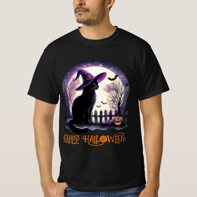 T-shirt Halloween Chat Noir sorcière et chauves-souris (Devant)