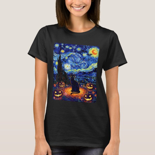T-shirt Halloween Chat noir Van Gogh Starry Chat de nuit (Devant)