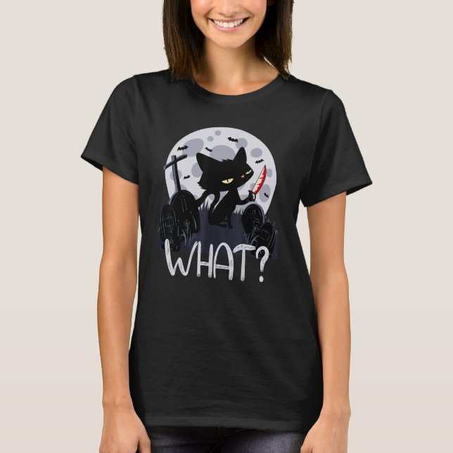 T-shirt Halloween Chat Quel Chat Noir Avec Couteau Hallowe (Devant)
