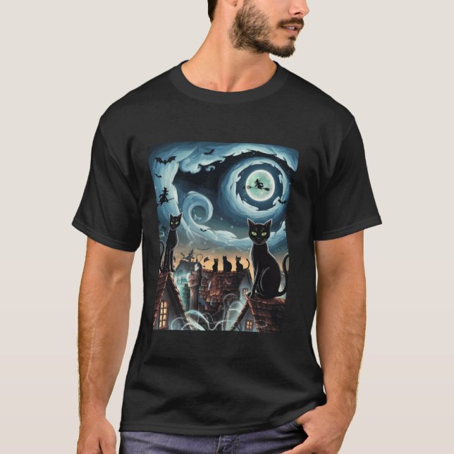 T-shirt Halloween Chat Van Gogh Starry Night Citrouilles C (Devant)