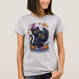 T-shirt HALLOWEEN Chats noirs avec bonbons et étoiles