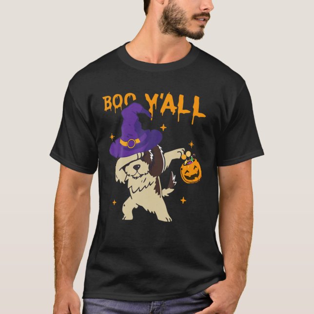 T-shirt Halloween Chien sorcier Casquette Dabbing Citrouil (Devant)