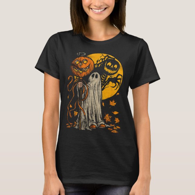 T-shirt Halloween Citrouille Fantôme Automne Feuilles Art  (Devant)