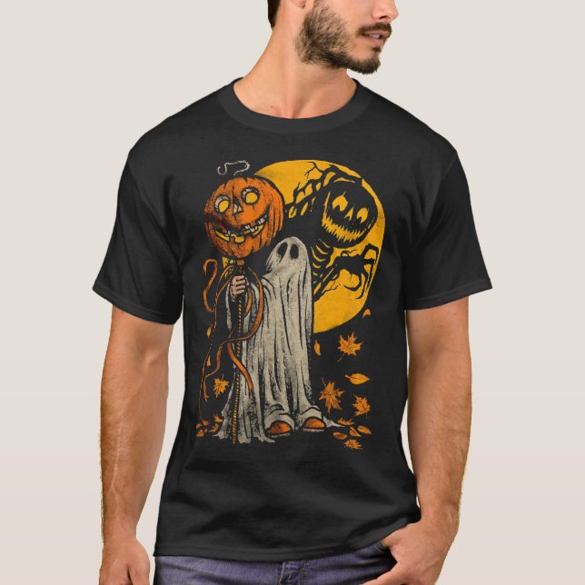 T-shirt Halloween Citrouille Fantôme Automne Feuilles Art  (Devant)