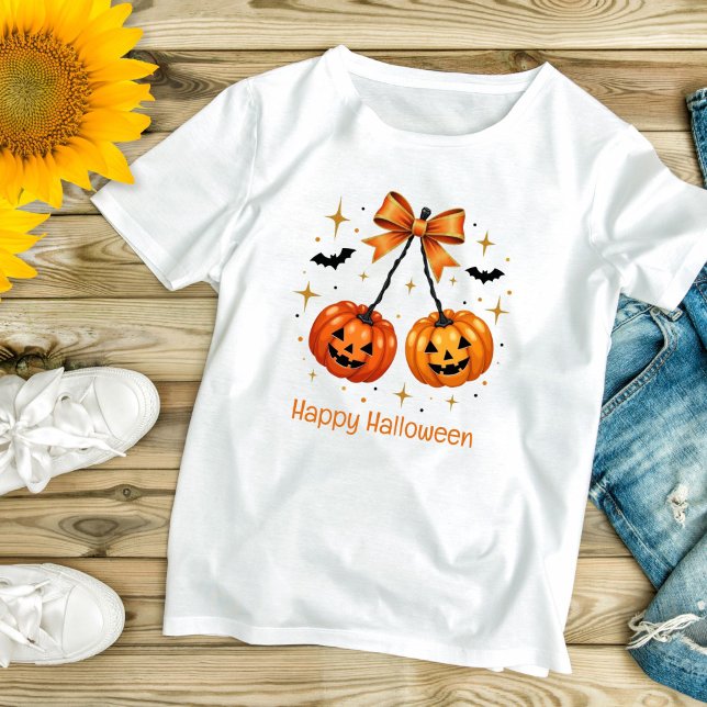 T-shirt Halloween Citrouilles Coquette esthétique Orange B (Halloween Pumpkins, Orange Bow Coquette Aesthetic T-shirt for her)